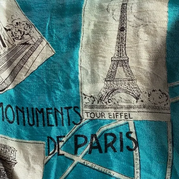 PARIS SILK SCARF Beautiful TURQUOISE & CREAM VINTAGE FIND - Picture 2 of 16